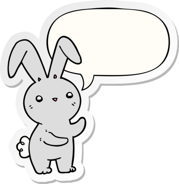 Bir insan tarafından çizilmiş baloncuk çıkartmalı şirin çizgi film tavşanı.