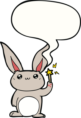 Bir insan tarafından çizilmiş konuşma balonlu şirin çizgi film tavşanı.