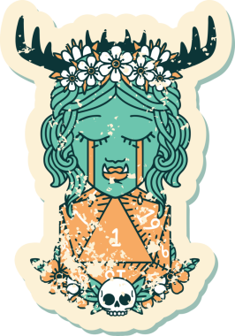 Retro Dövme Tarzı Hüzünlü Yarı Ork Druid Karakteri Bir zar bir insan tarafından çizilmiş