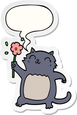 Bir insan tarafından çizilmiş baloncuk çıkartmalı çiçek taşıyan çizgi film kedisi.