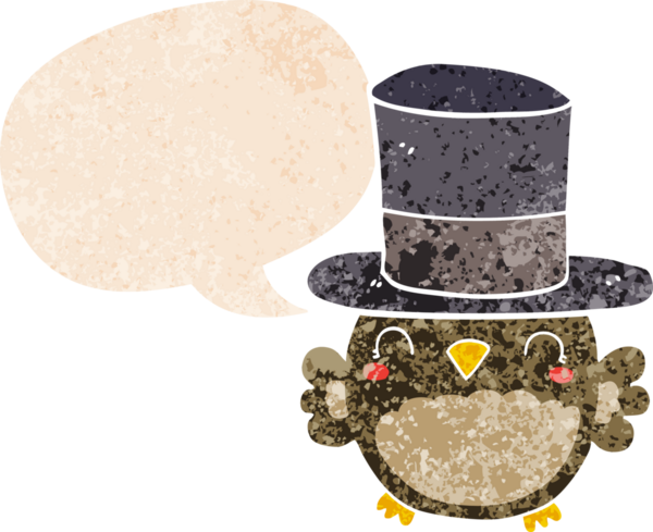 Bir insan tarafından çizilmiş grunge sıkıntılı retro tarzı ile konuşma baloncuğu olan silindir şapkalı bir baykuş.