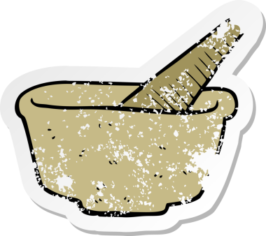 Bir insan tarafından çizilmiş karikatür tokmağı ve havan topunun geriletilmiş yapıştırması.