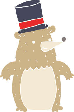 Bir insan tarafından çizilmiş silindir şapkalı düz renkli çizgi film ayısı.