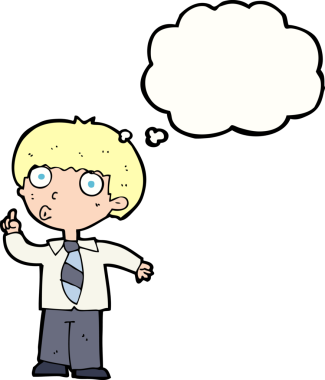 Bir insan tarafından çizilmiş düşünce baloncuğuyla ilgili soru soran bir okul çocuğu.