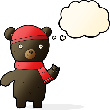 Bir insan tarafından çizilmiş düşünce balonlu siyah ayı sallayan çizgi film.