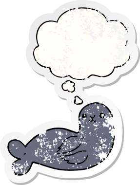Düşünce baloncuklu karikatür mührü bir insan tarafından çizilmiş yıpranmış bir çıkartma gibi.