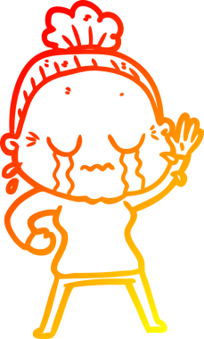 Bir insan tarafından çizilmiş, ağlayan ve el sallayan yaşlı bir kadının çizgi film çizimi.