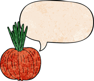 bir insan tarafından çizilmiş, retro dokuma tarzında konuşma baloncuklu sebze çizgi filmi.