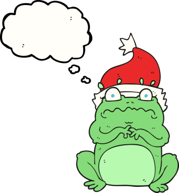 Bir insan tarafından çizilmiş noel şapkalı balonlu kurbağa.