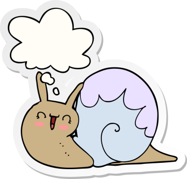 Düşünce baloncuklu tatlı çizgi film salyangozu insan tarafından çizilmiş bir çıkartma.