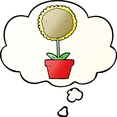 Bir insan tarafından çizilmiş yumuşak eğimli düşünce baloncuklu şirin çizgi film çiçekleri.