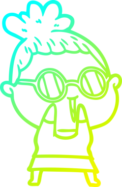 Bir insan tarafından çizilmiş gözlük takan utangaç bir kadının karikatür çizimi.