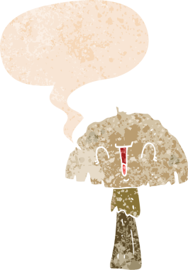 grunge 'da konuşma baloncuğu olan karikatür mantarı bir insan tarafından çizilmiş dertli retro dokuma tarzı