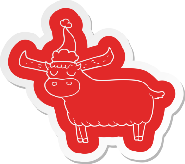 Bir insan tarafından çizilmiş Noel Baba şapkası takan bir boğanın garip çizgi film çıkartması.