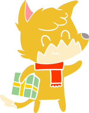 Düz renkli karikatür. Bir insan tarafından çizilmiş Noel tilkisi.