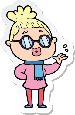 Bir insan tarafından çizilmiş gözlüklü bir karikatür kadının çıkartması.