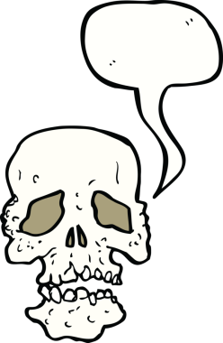 Bir insan tarafından çizilmiş, konuşma baloncuklu bir kafatası.