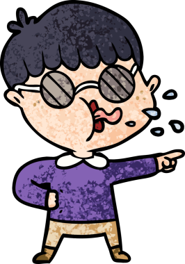 Gözlük takan ve bir insan tarafından çizilen çizgi filmci çocuk.