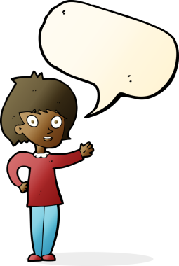 Bir insan tarafından çizilmiş konuşma balonlu mutlu kadın çizgi filmi.