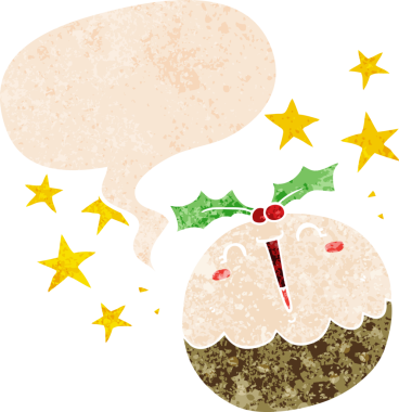 Sevimli çizgi film mutlu noel pudingi grunge ile konuşma balonu sıkıntılı retro tarzı bir insan tarafından çizilmiş