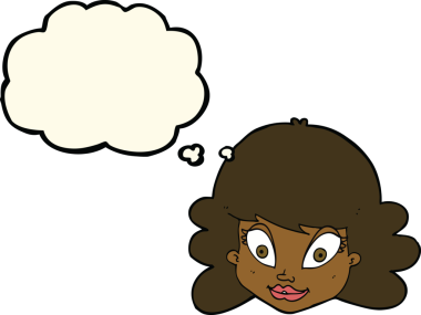 Bir insan tarafından çizilmiş düşünce baloncuklu mutlu kadın yüzü.