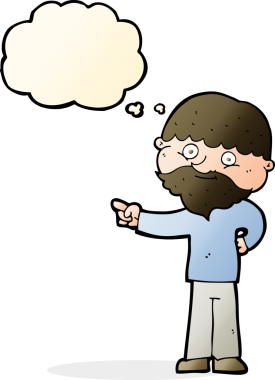 Karikatür sakallı adam bir insan tarafından çizilmiş düşünce balonuyla işaret ediyor.