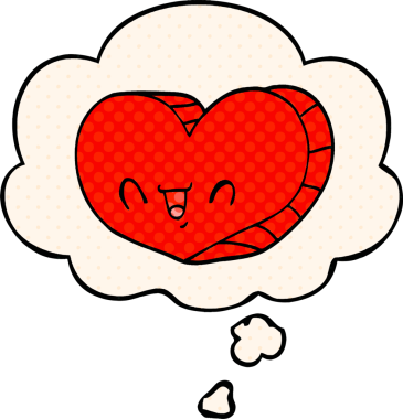 Çizgi roman tarzında bir insan tarafından çizilmiş düşünce baloncuklu karikatür kalbi.
