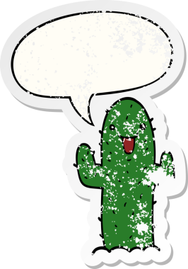 Konuşma baloncuğu olan çizgi film kaktüsü bir insan tarafından çizilmiş sıkıntılı eski bir çıkartma.