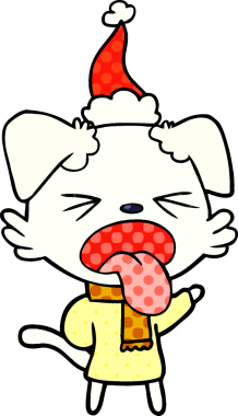 El çizimi çizgi roman tasviri eşarp takan ve Noel Baba şapkası takan bir köpeğin insan tarafından çizilmiş resmi.