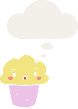 Yüzünde düşünce kabarcığı olan bir insan tarafından çizilmiş bir kek.