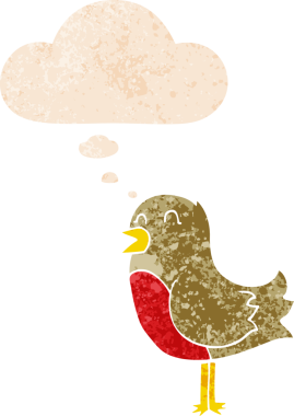 Düşünce baloncuğu ve grunge ile çizgi film kuşu bir insan tarafından çizilmiş sıkıntılı retro tarzı