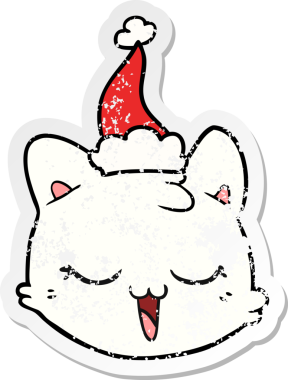Bir insan tarafından çizilmiş Noel Baba şapkası giymiş kedi suratlı bir karikatür.