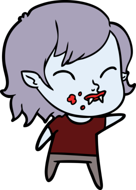 Bir insan tarafından çizilmiş yanağında kan olan vampir kız çizgi filmi.