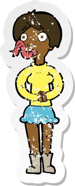 Bir insan tarafından çizilmiş yılan dili olan karikatürlü bir kadının gerilmiş yapıştırması.