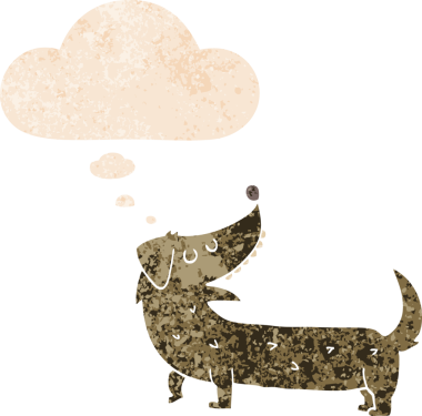 Düşünce baloncuğu ile çizgi film köpeğinin grunge sıkıntılı retro tarzı bir insan tarafından çizilmiş