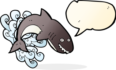 Bir insan tarafından çizilmiş konuşma baloncuklu çizgi film köpekbalığı.