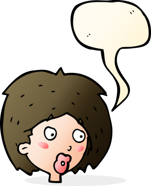 Bir insan tarafından çizilmiş konuşma balonuyla bakan karikatür kadın.