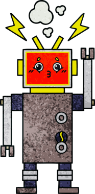 Bir insan tarafından çizilen robot arızasının retro grunge desen karikatürü
