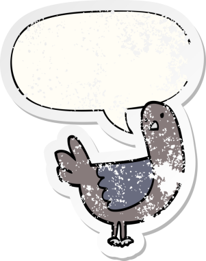 Konuşma baloncuğu olan çizgi film güvercini bir insan tarafından çizilmiş sıkıntılı eski bir çıkartma