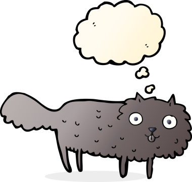 Bir insan tarafından çizilmiş düşünce baloncuklu tüylü kedi çizgi filmi.