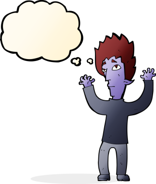 Bir insan tarafından çizilmiş düşünce baloncuğuyla pes eden vampir çizgi filmi.