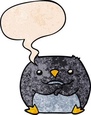 Konuşma baloncuğu olan karikatür pengueni insan tarafından çizilmiş.
