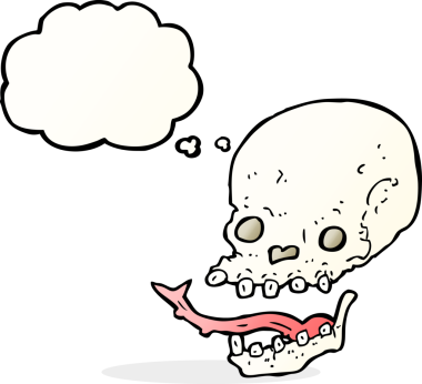 Bir insan tarafından çizilmiş düşünce baloncuklu garip kafatası.