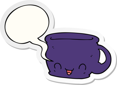 Bir insan tarafından çizilmiş konuşma kabarcığı çıkartmalı bir fincan kahve.