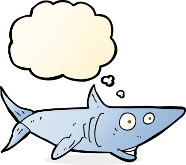 Bir insan tarafından çizilmiş düşünce baloncuklu mutlu köpekbalığı.