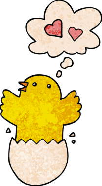 Düşünce baloncuğu olan, bir insan tarafından çizilmiş, şirin, yumurtadan çıkan yavru çizgi film.