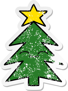 Bir insan tarafından çizilmiş şirin bir karikatür Noel ağacının sıkıntılı çıkartması.