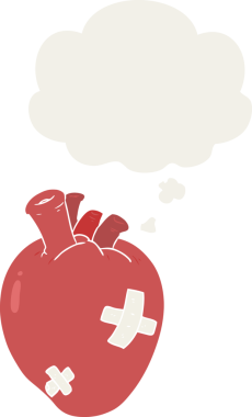 Düşünce baloncuğu olan karikatür kalp insan tarafından çizilmiş.