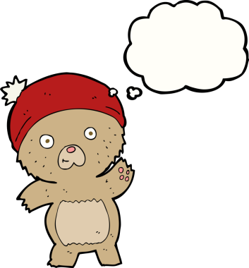 Bir insan tarafından çizilmiş düşünce baloncuğu olan sevimli çizgi film ayısı.