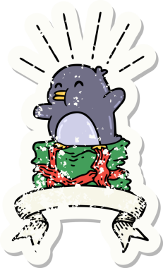 Bir insan tarafından çizilmiş eski bir dövme stili penguen etiketi.